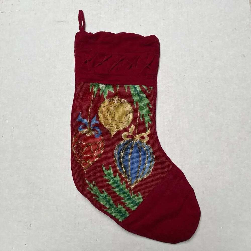 Vintage Needlepoint Christmas Stocking Gold Metallic Ornament Red Hanging‎ Decor